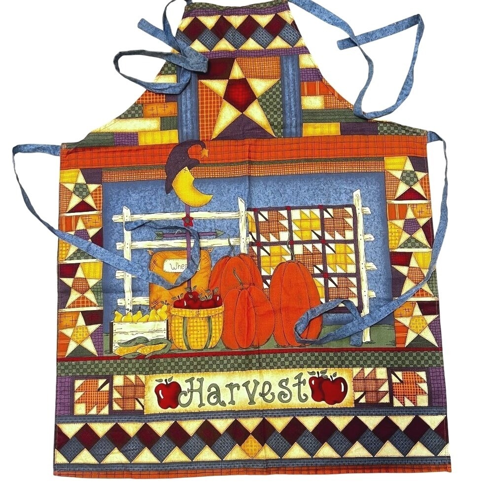 Vtg Apron Harvest Themed Pumpkins Apples Moon Star Grannycore Familycore Cabin